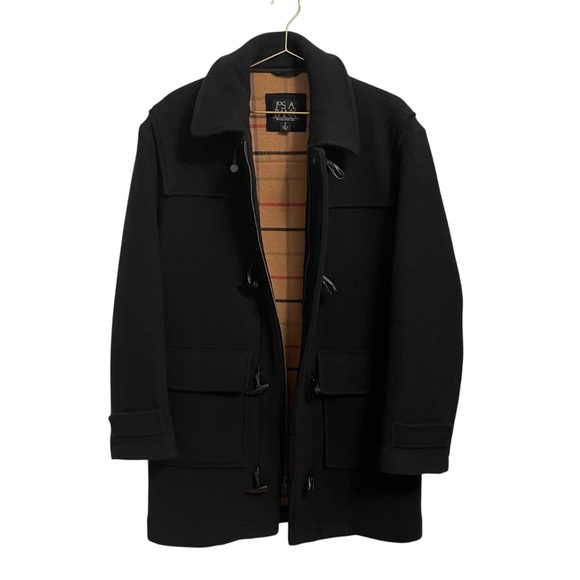 Jos A Bank Mens Black Wool Blend Duffle Toggle Coat Plaid Lining Small